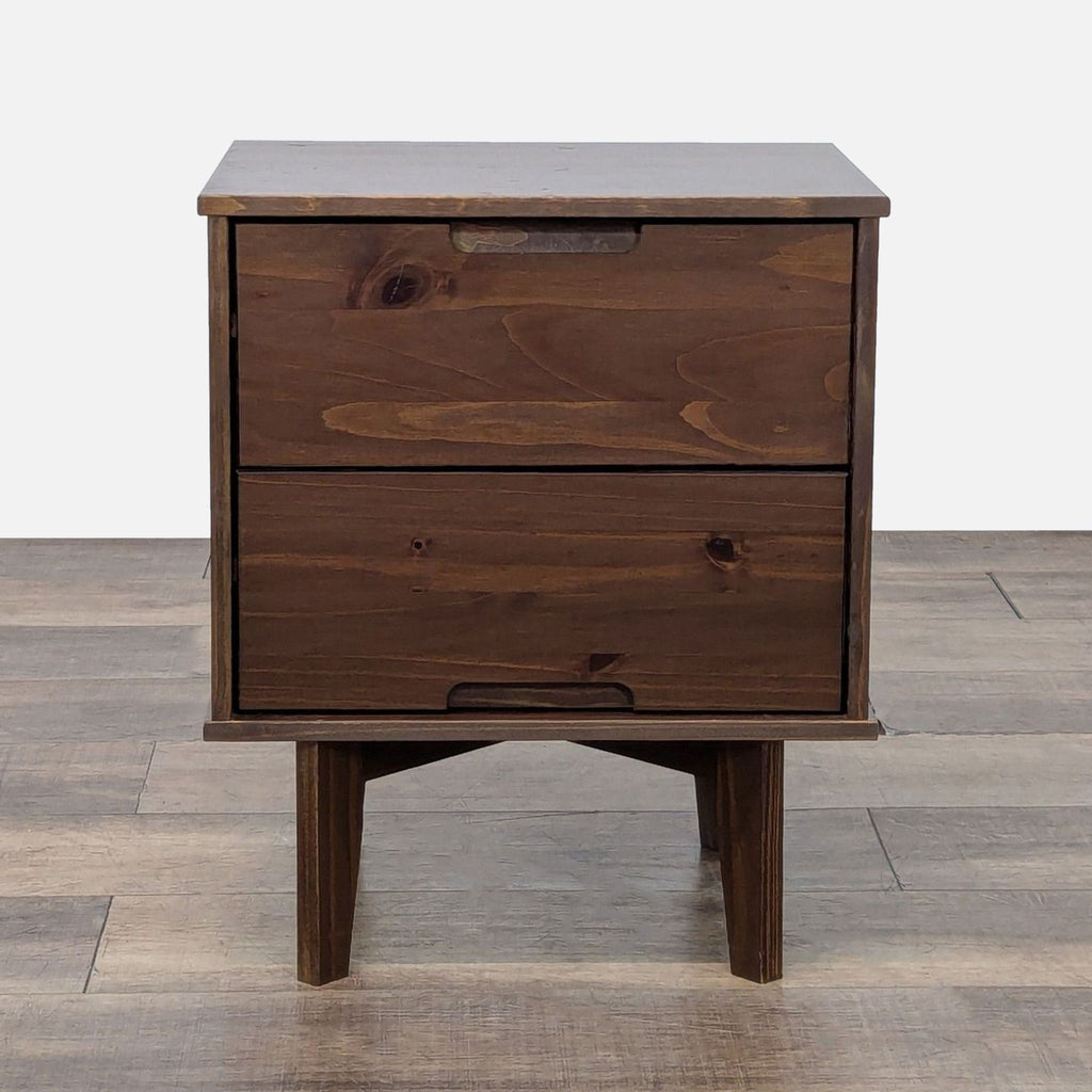 1. West Elm Mid-Century Modern end table with two drawers, shown from the front on a wood floor.