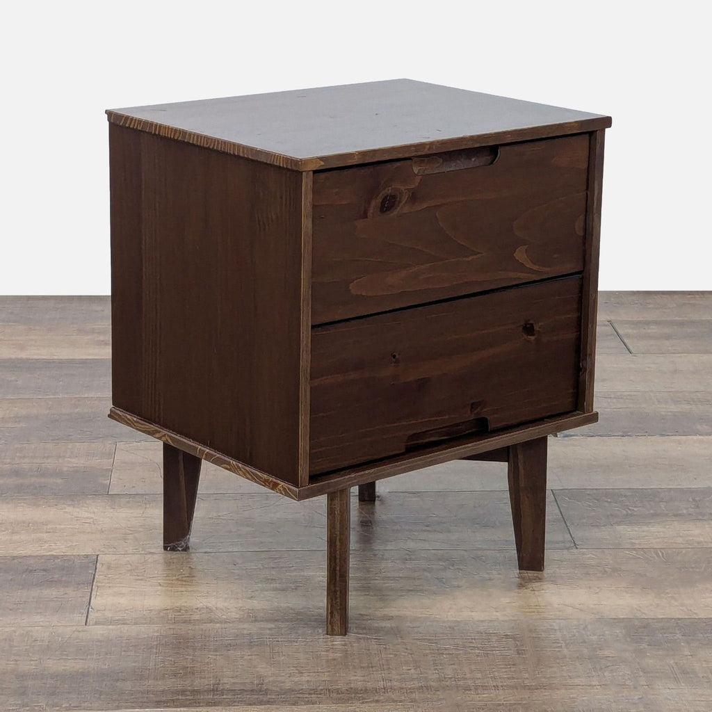 3. West Elm Mid-Century Modern end table, angled side view, featuring two closed drawers and tapered legs.