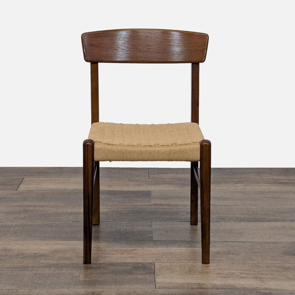 1. Front view of a Reperch dining chair with a dark wood frame and woven natural seat on wood flooring.