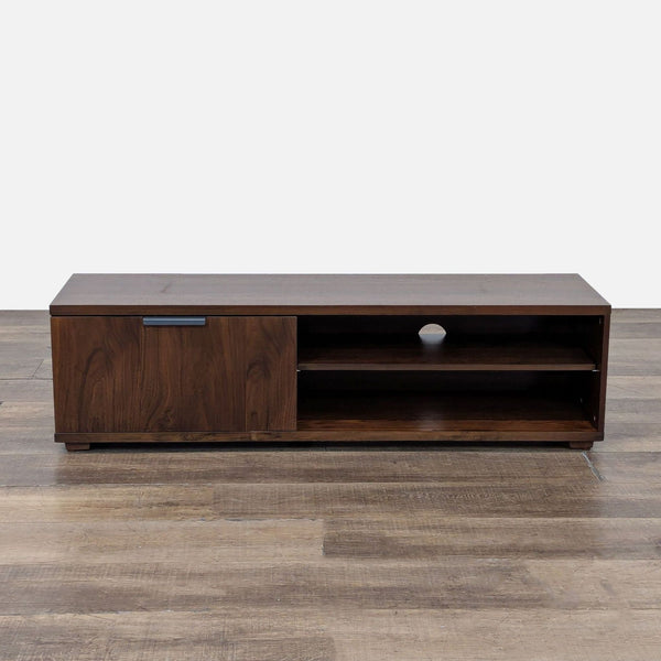 1. West Elm Entertainment Center in dark wood with a closed drawer and open shelves, viewed from the front.  
