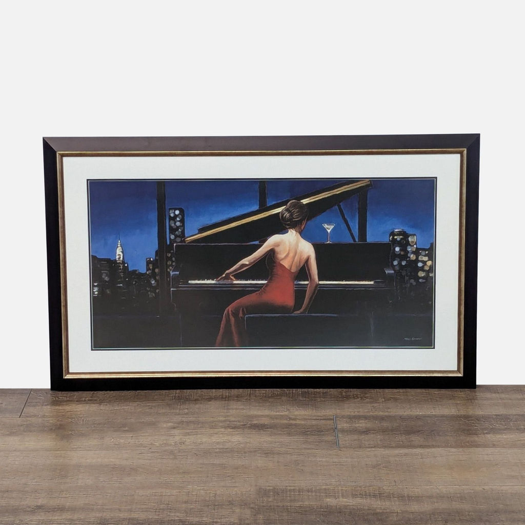 1. Framed Marco Fabiano painting of a woman in a red dress playing piano at night in a cityscape.  