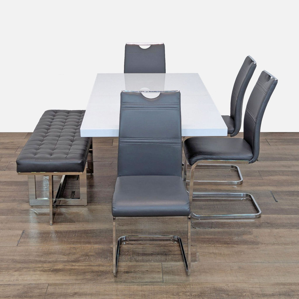 Modern 6-Piece Dining Set with White Table, 4 Chairs, and Bench