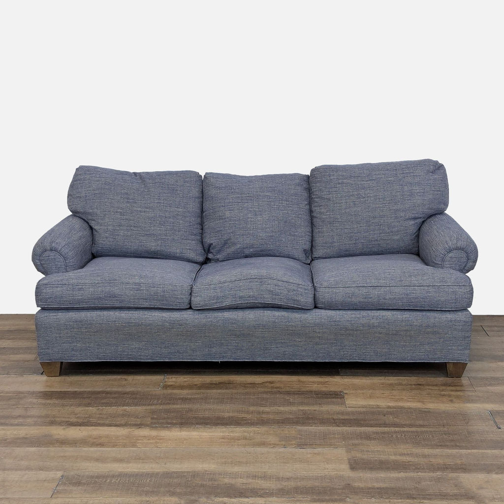 Front view of a Reperch 3-seat sofa in heathered blue with welted trim, rolled arms, and wood legs.