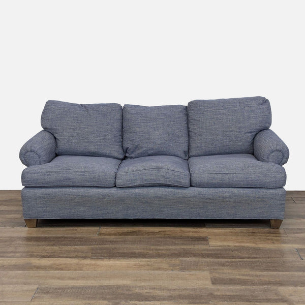 Front view of a Reperch 3-seat sofa in heathered blue with welted trim, rolled arms, and wood legs.