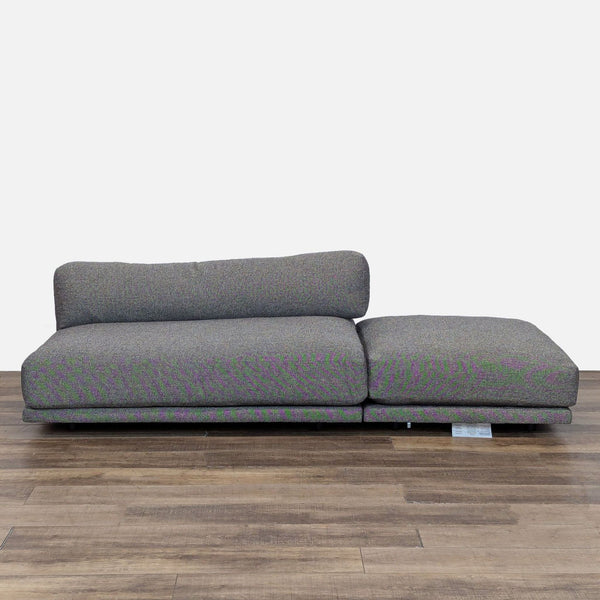 1. Blu Dot low-profile sofa with plush down-wrapped foam cushions, shown from the front on wood floor.