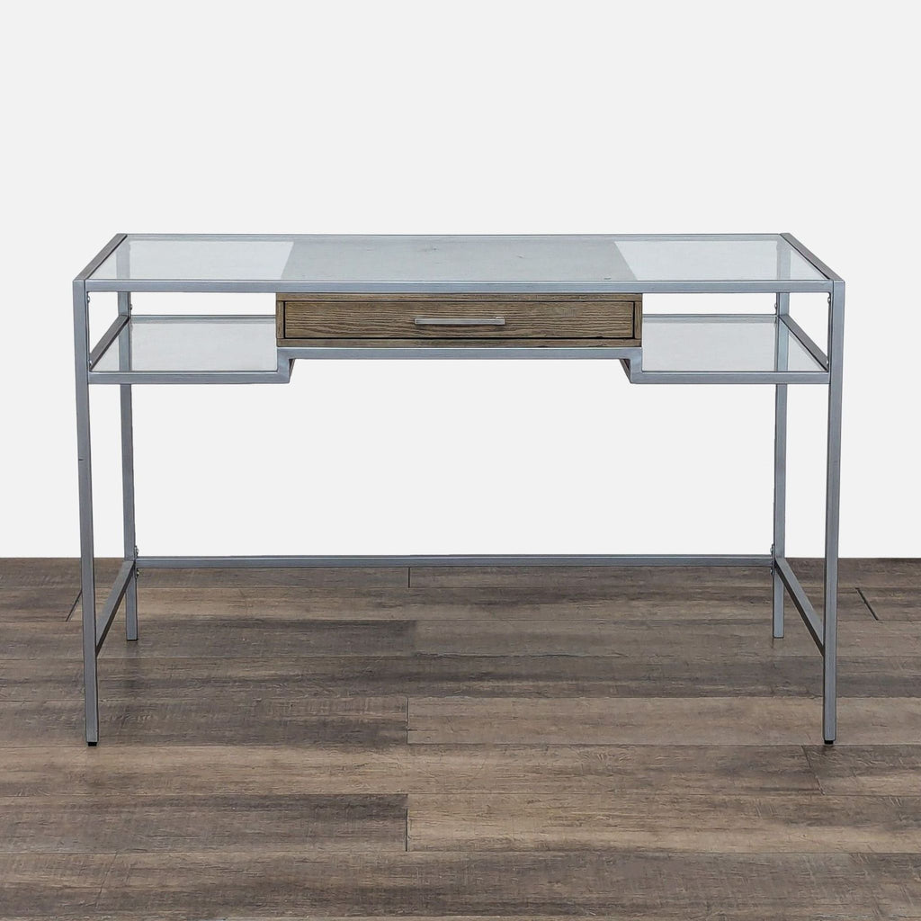 1. Madison Park desk with metal frame, glass top, two glass shelves, and a single center wood drawer.