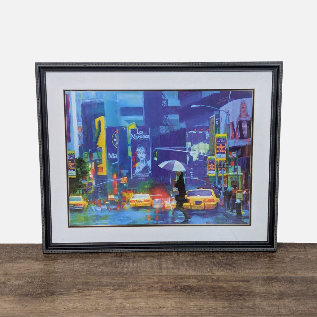 1. Framed vibrant Times Square art print by Rick Swiatlowski featuring city lights, taxis, and a figure with an umbrella.  