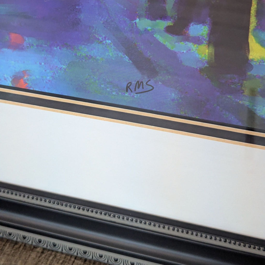 2. Close-up of the Rick Swiatlowski art print, showing artist initials "RMS" on the colorful matte surface.  