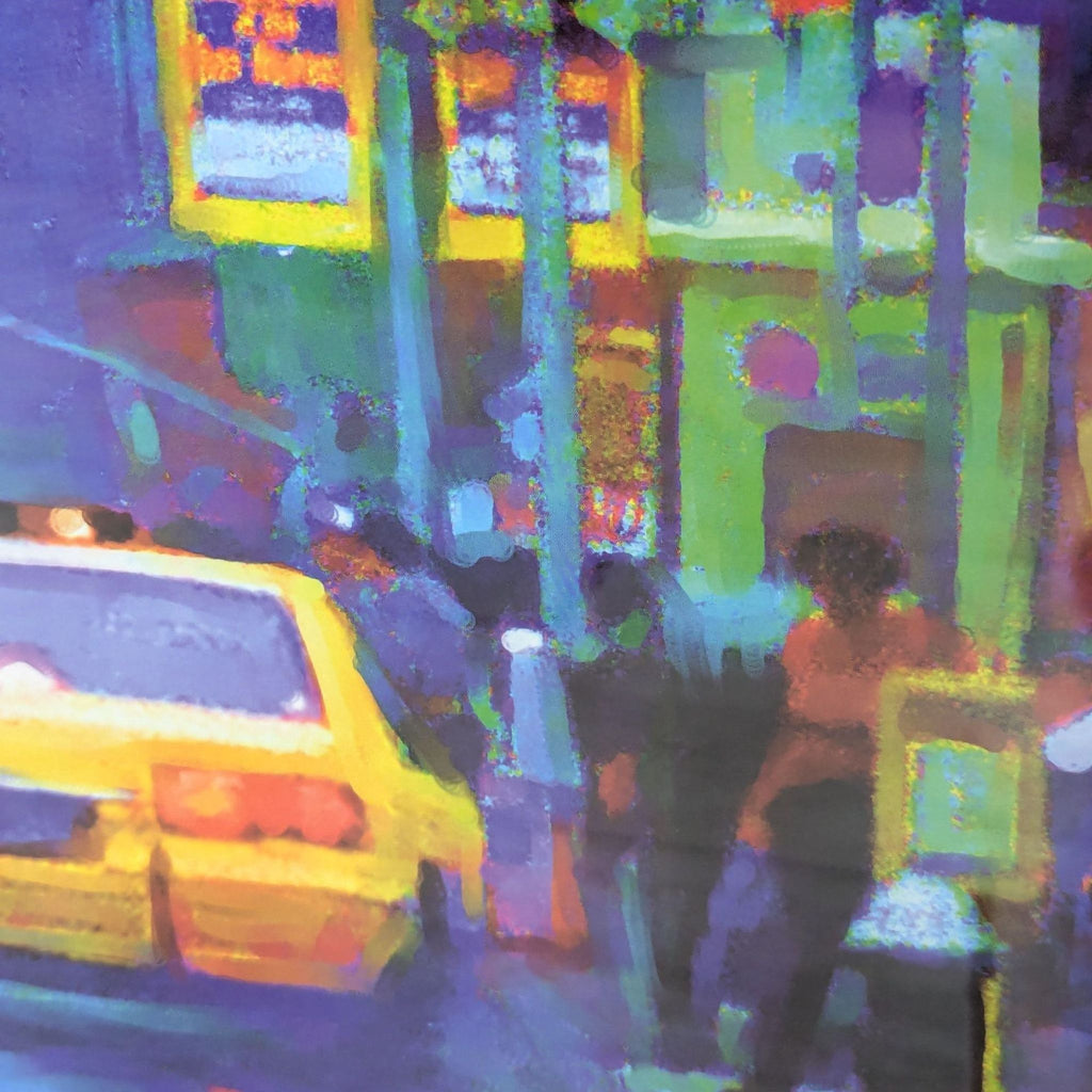3. Detailed section of the Times Square print highlighting vivid colors, a yellow taxi, and impressionistic street scene.