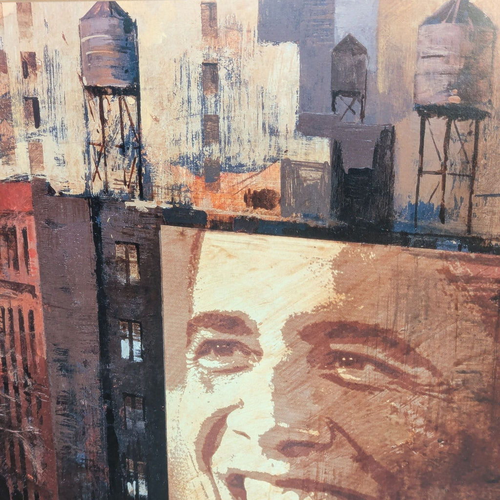 2. Close-up of Marti Bofarull artwork highlighting painted water towers and a "YES WE CAN" billboard in a city scene.