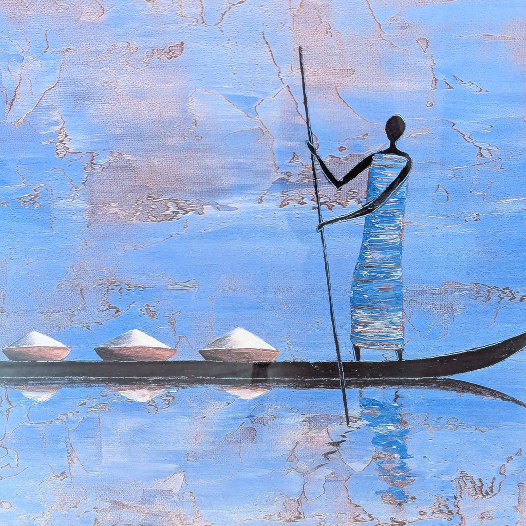 3. Close-up of a Reperch painting, showing a figure in a canoe with three hat shapes on blue water.