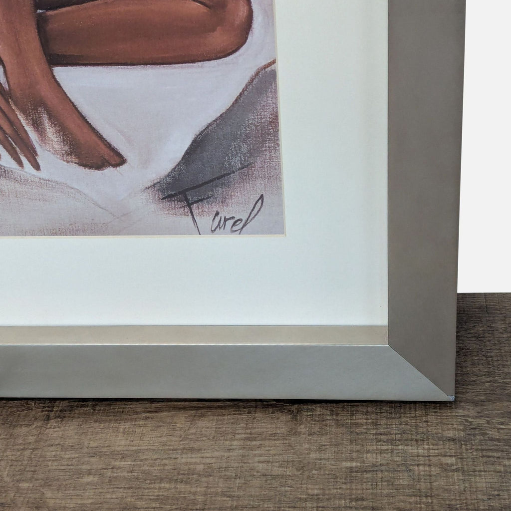 2. Close-up of Pierre Farel’s framed artwork signature, highlighting detail in a relaxed women scene.