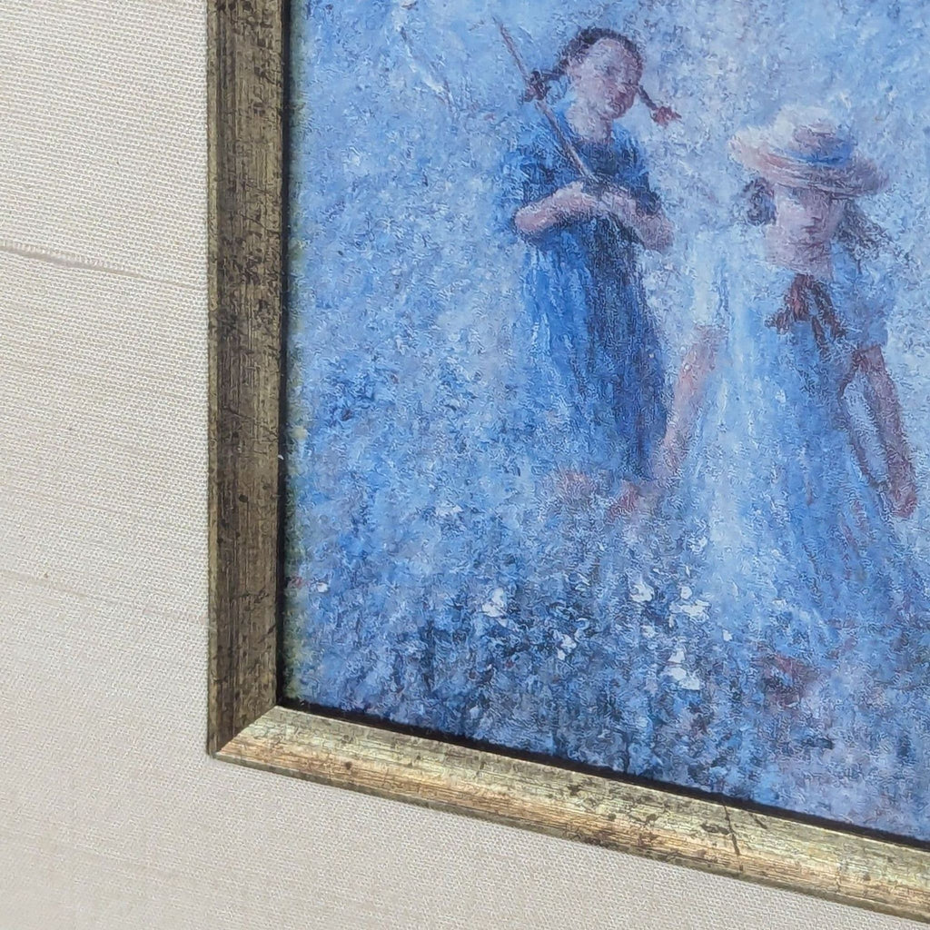Close-up of the impressionistic artwork depicting two children in a blue-toned field, framed in gold.  