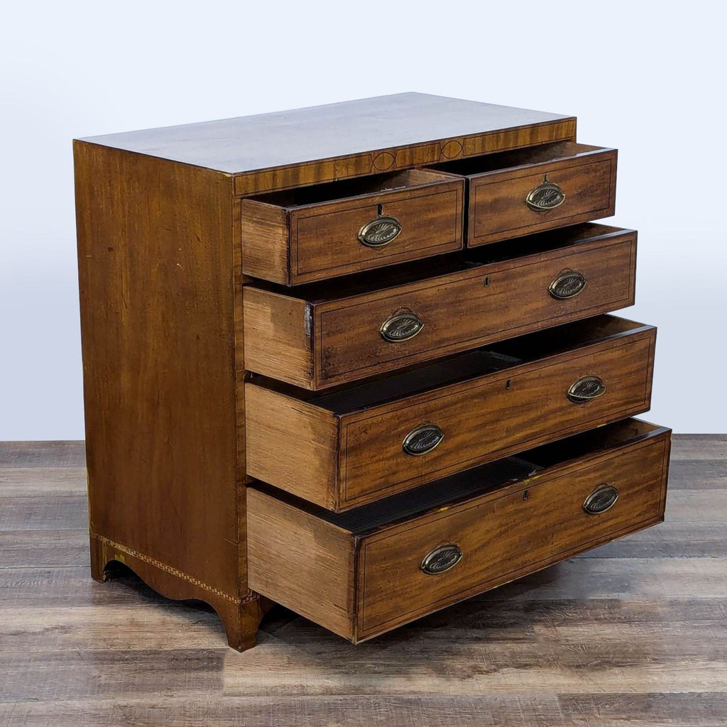 2. Reperch vintage wood dresser with brass handles and wood inlay detailing, shown with drawers open.  