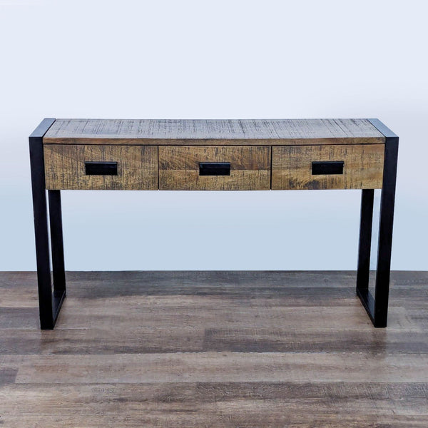 1. Reperch industrial side table with reclaimed wood, metal sled legs, and three front drawers.