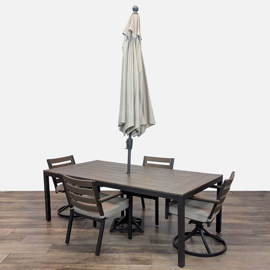 3. Modern Reperch outdoor dining set with aluminum and wood, four chairs, table, and umbrella in neutral tones.