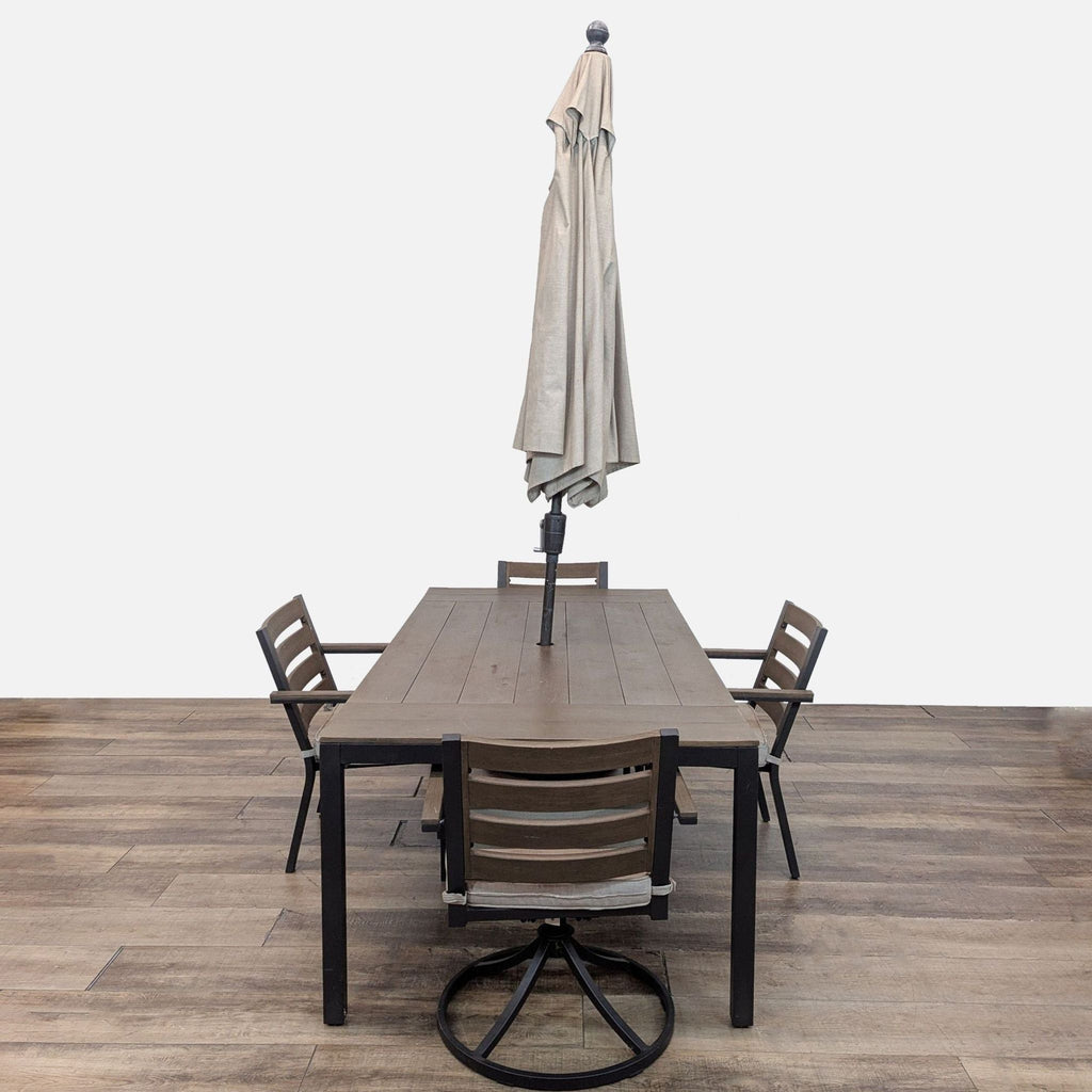 2. Reperch dining set from the Sets category, featuring table, four chairs, and closed umbrella on wooden floor.