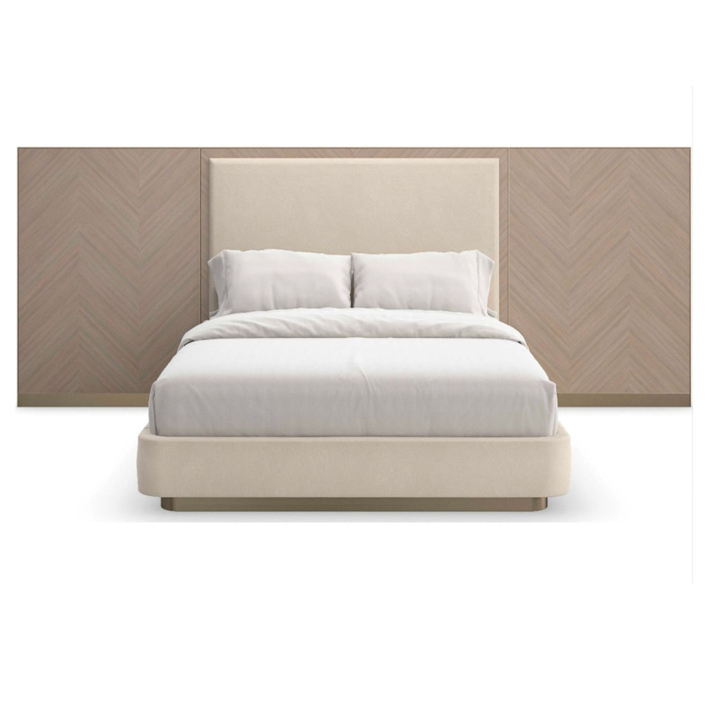 1. Bed with paneled Chevron-patterned Koto veneer wings, soft flannel headboard, and brushed gold accents by Caracole.