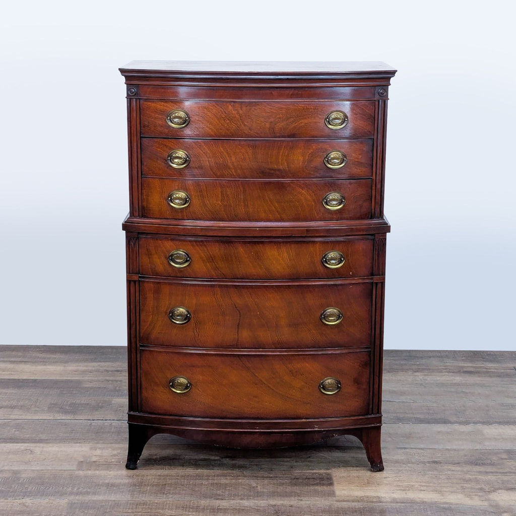1. Drexel mahogany dresser with brass hardware, solid wood and veneer construction, featuring dovetail drawers.