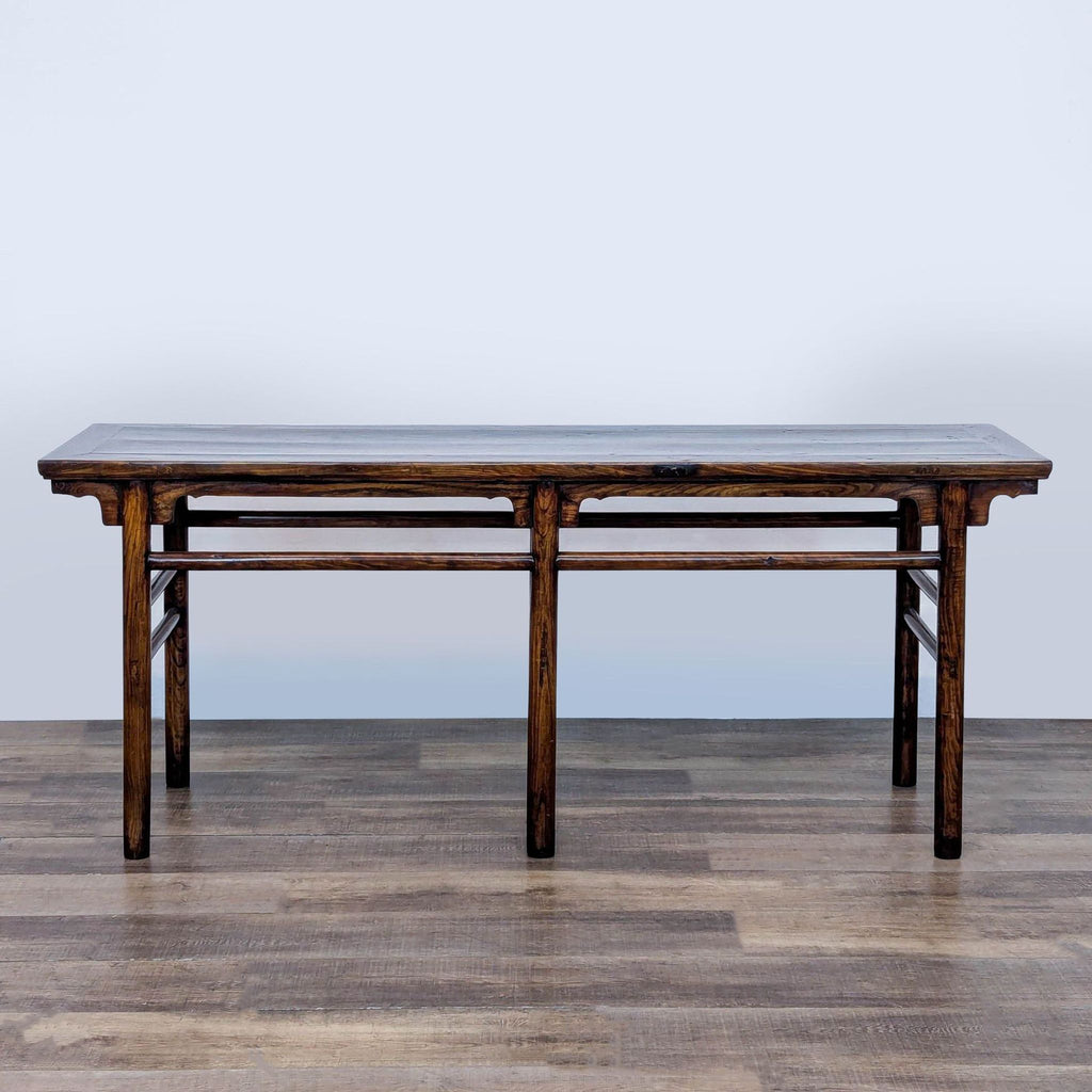 1. Hand-carved elmwood side & console table by Reperch, featuring a rectangular design and detailed wood grain.