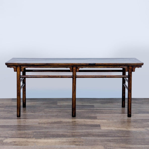 1. Hand-carved elmwood side & console table by Reperch, featuring a rectangular design and detailed wood grain.