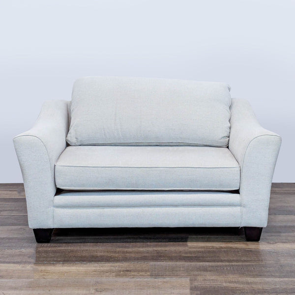 1. Light gray lounge chair with plush removable cushions and dark wood feet, by Living Spaces, front view.