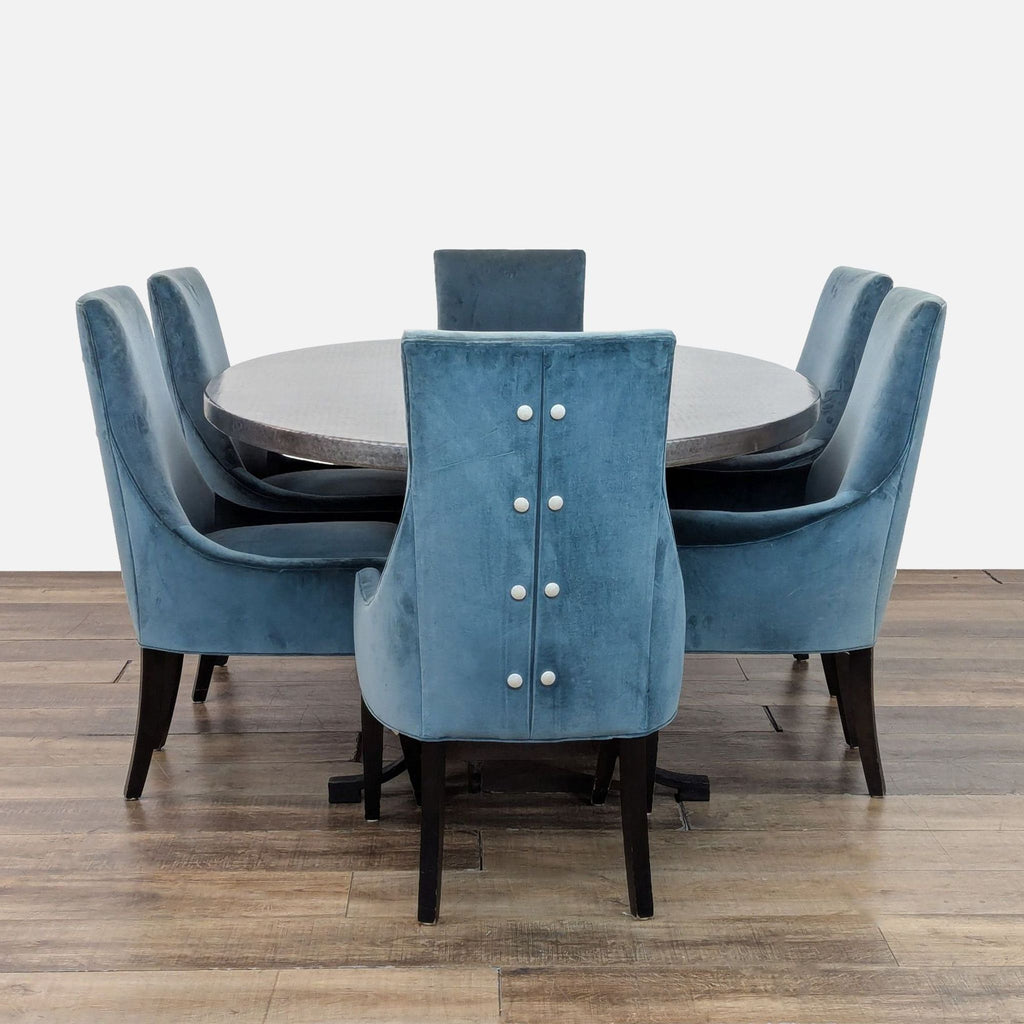 Kravet Furniture 7-Piece Oval Dining Set with Blue Velvet Chairs