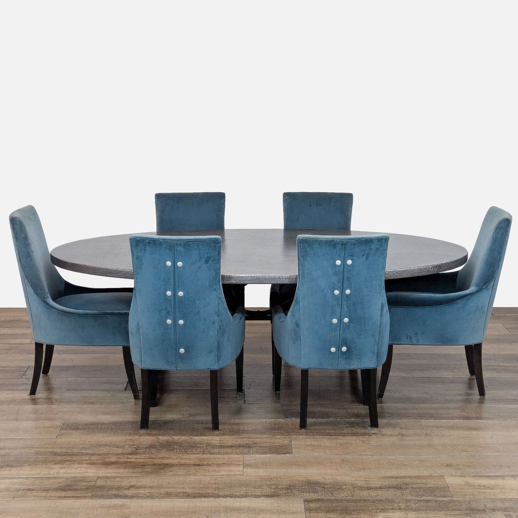Kravet Furniture 7-Piece Oval Dining Set with Blue Velvet Chairs