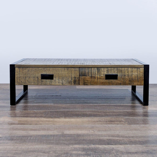1. Reperch coffee table with reclaimed wood top, metal sled legs, and industrial hardware in an industrial style.  