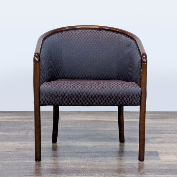 1. Barrel-style Kimball lounge chair with dark wood frame, curved backrest, and patterned upholstered seat.