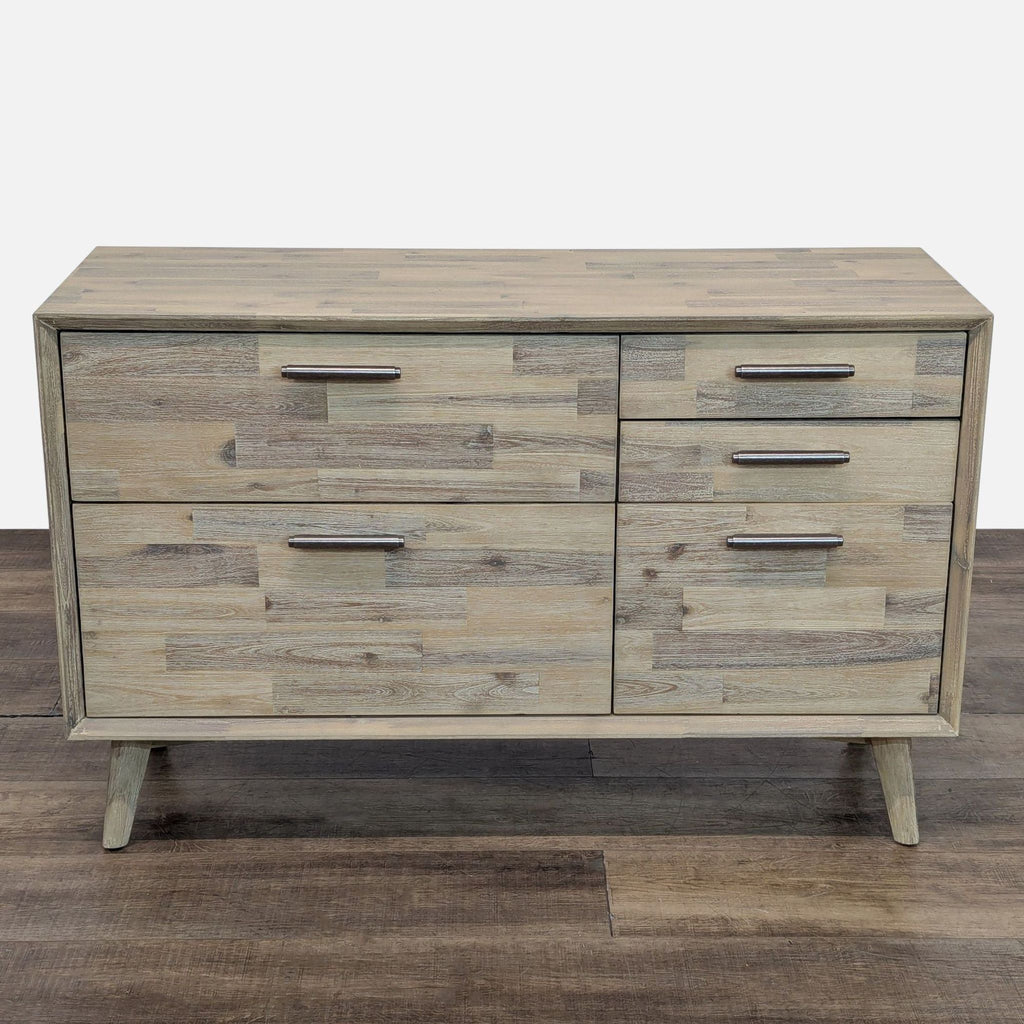 1. Modern wood dresser by Design Evolution Furniture, 5 drawers with metal handles, shown from the front.