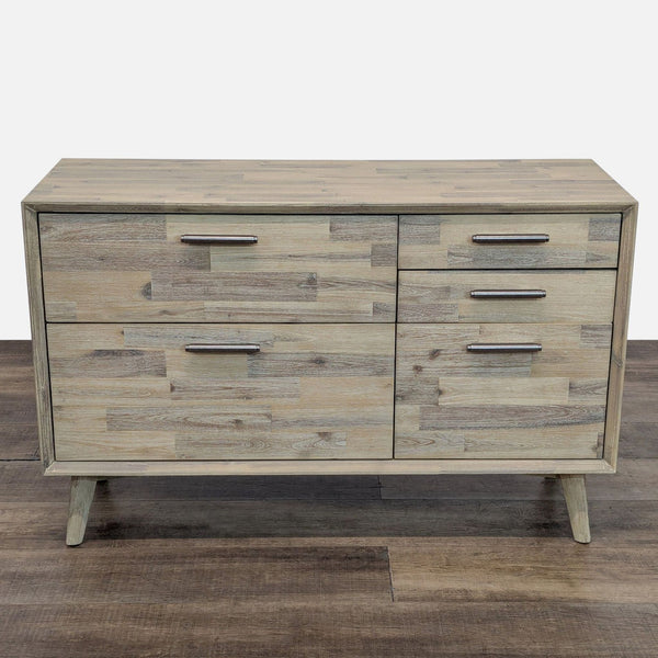 1. Modern wood dresser by Design Evolution Furniture, 5 drawers with metal handles, shown from the front.