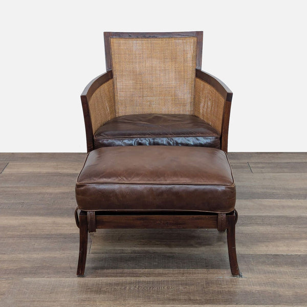1. Teak lounge chair with handwoven rattan panels and a brown leather cushion, paired with an ottoman.