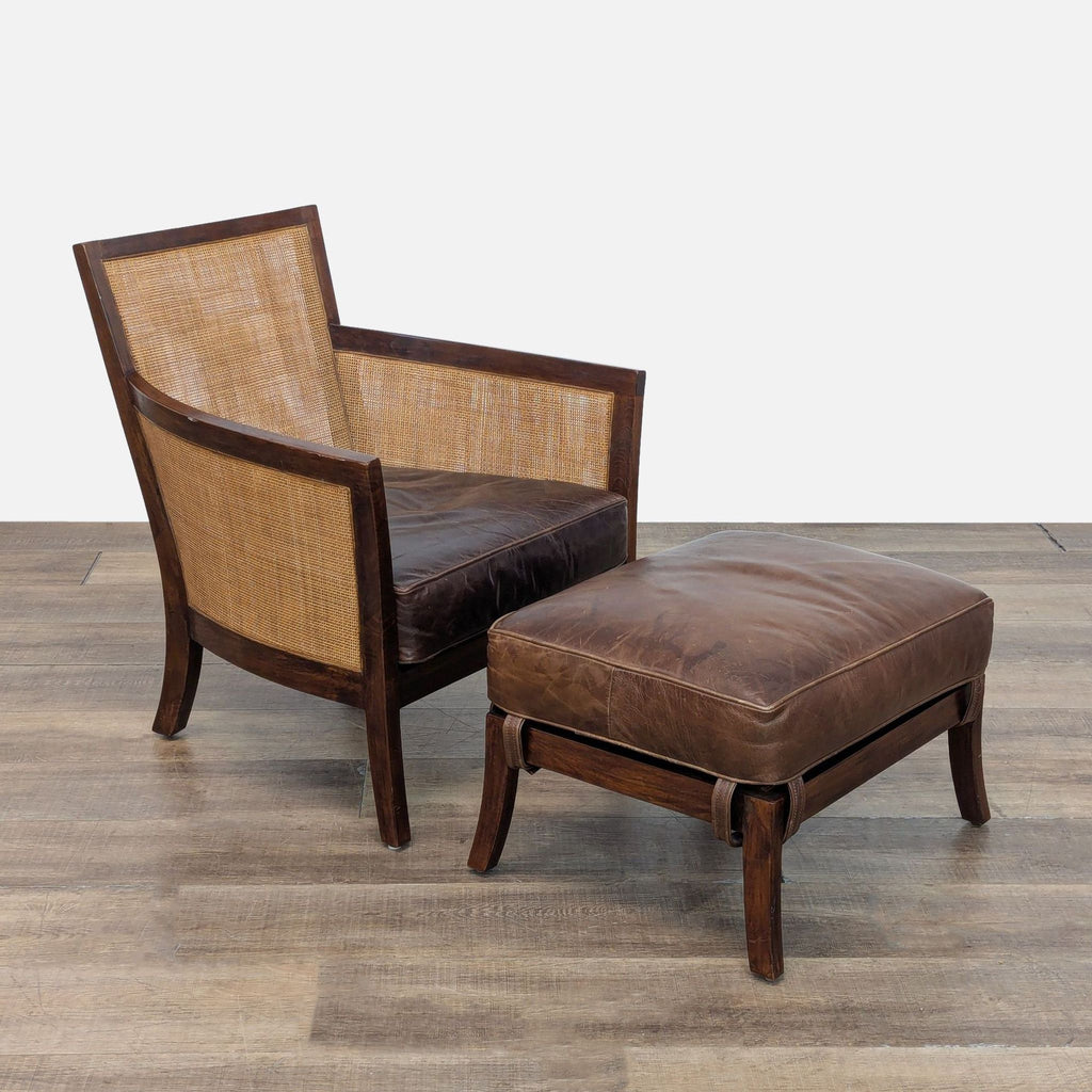 2. Crate & Barrel lounge chair set with aged leather upholstery, wooden frame, and matching cushioned ottoman.