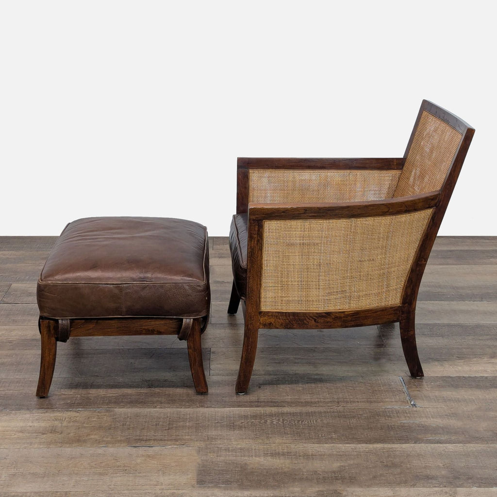 3. Side view of a lounge chair and ottoman featuring teak, rattan panels, and full-aniline leather cushions.