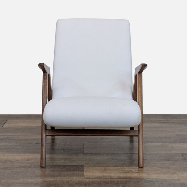 Front view of Reperch lounge chair featuring a solid wood angled frame and upholstered seat and back.  