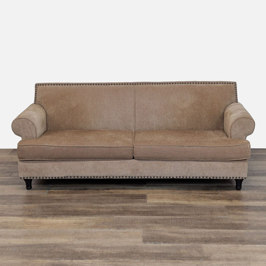 1. Pier 1 Imports 3-seat sofa with golden brown chenille upholstery and bronze nailhead trim, front view.
