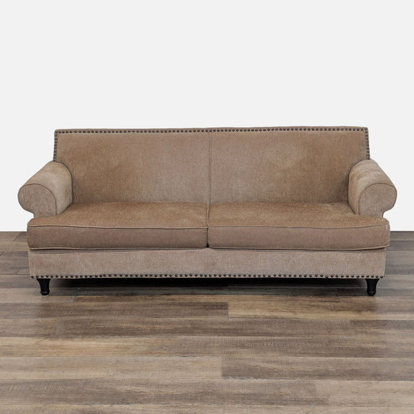 1. Pier 1 Imports 3-seat sofa with golden brown chenille upholstery and bronze nailhead trim, front view.