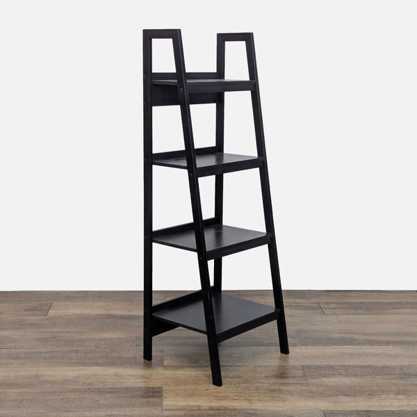 1. Reperch wood ladder-style bookshelf with four fixed black shelves, shown at an angle on wooden flooring.