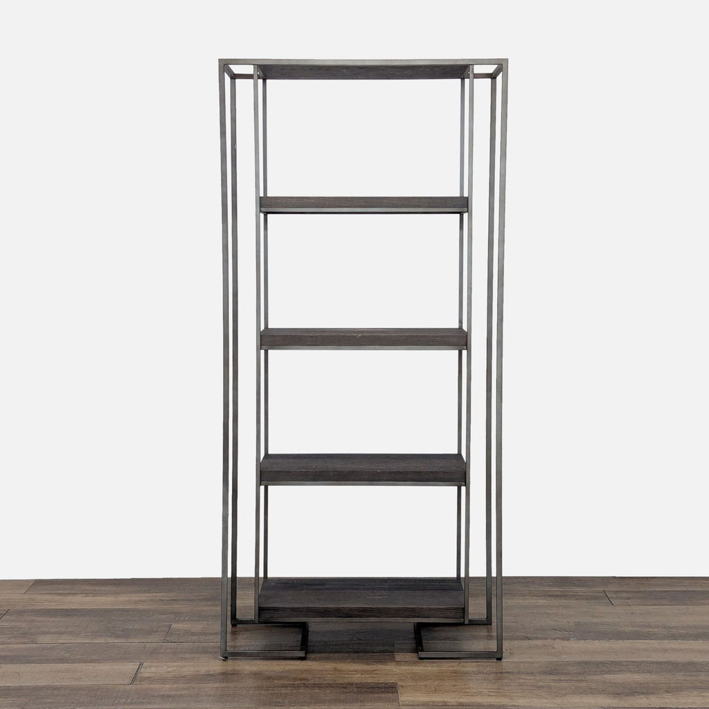 1. Reperch bookshelf with a minimalist style, dark-toned shelves, and a slim metal frame, front view.