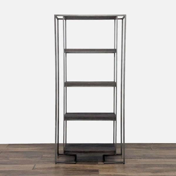 1. Reperch bookshelf with a minimalist style, dark-toned shelves, and a slim metal frame, front view.