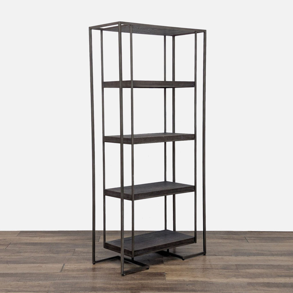 2. Angled side view of a Reperch bookshelf, showcasing four dark shelves and a modern metal frame.