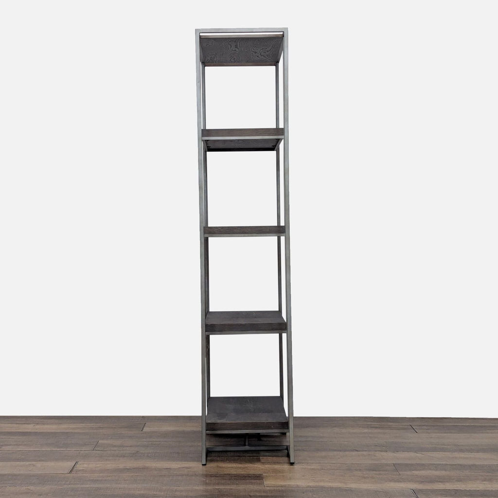 3. Narrow front view of the Reperch bookshelf accentuating minimalist design, metal frame, and dark wooden shelves.