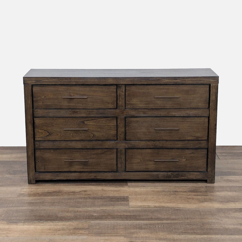 1. Aspenhome dresser with dark wood finish, six drawers, and bronze metal pulls shown from the front.
