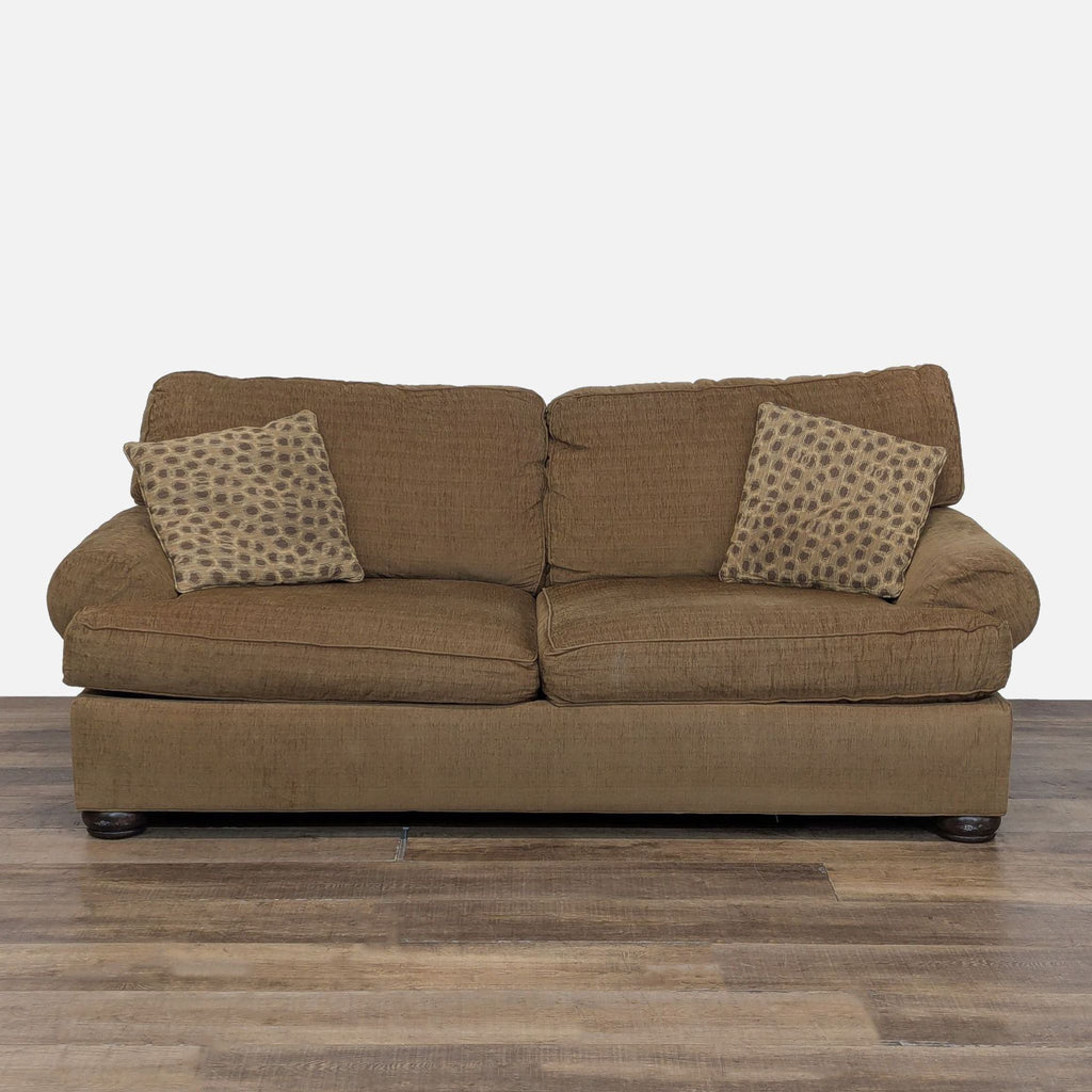 1. Ethan Allen 3-seat sofa with plush cushions, removable arm covers, and textured brown fabric upholstery.