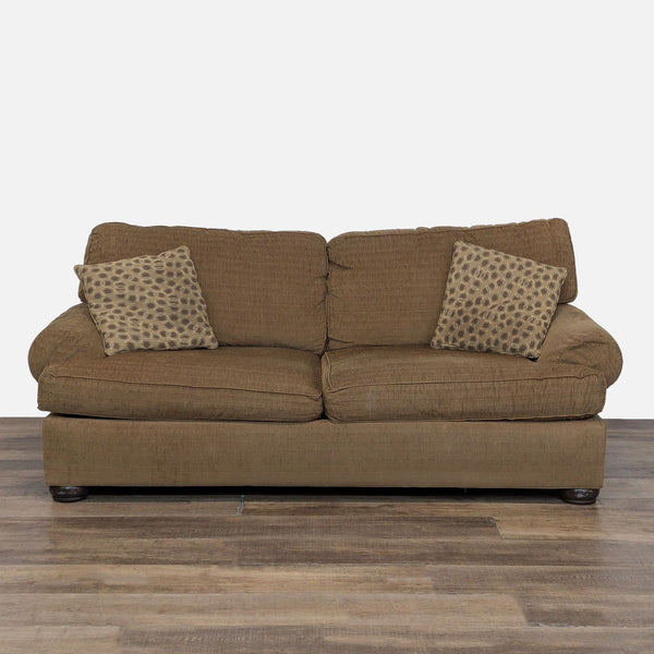 1. Ethan Allen 3-seat sofa with plush cushions, removable arm covers, and textured brown fabric upholstery.