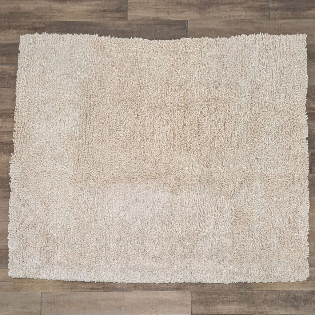 1. Rectangular cream West Elm rug, handwoven from wool and cotton, shown on a wood floor.