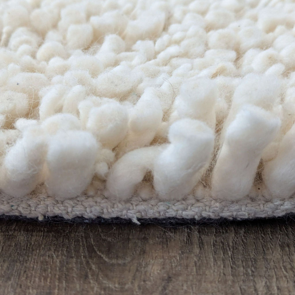 2. Close-up of the thick, textured wool-cotton pile on a handwoven West Elm rug.