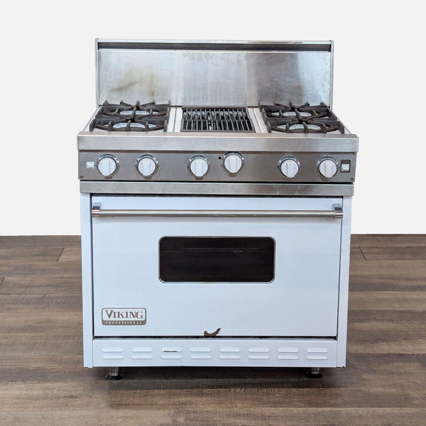 Front view of a Viking 36-inch pro-style gas range with four burners, central char-grill, and stainless-steel finish.