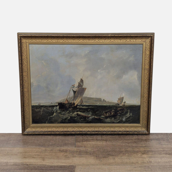 1. Framed vintage maritime painting of ships on water, Reperch brand, in ornate gold detailing.